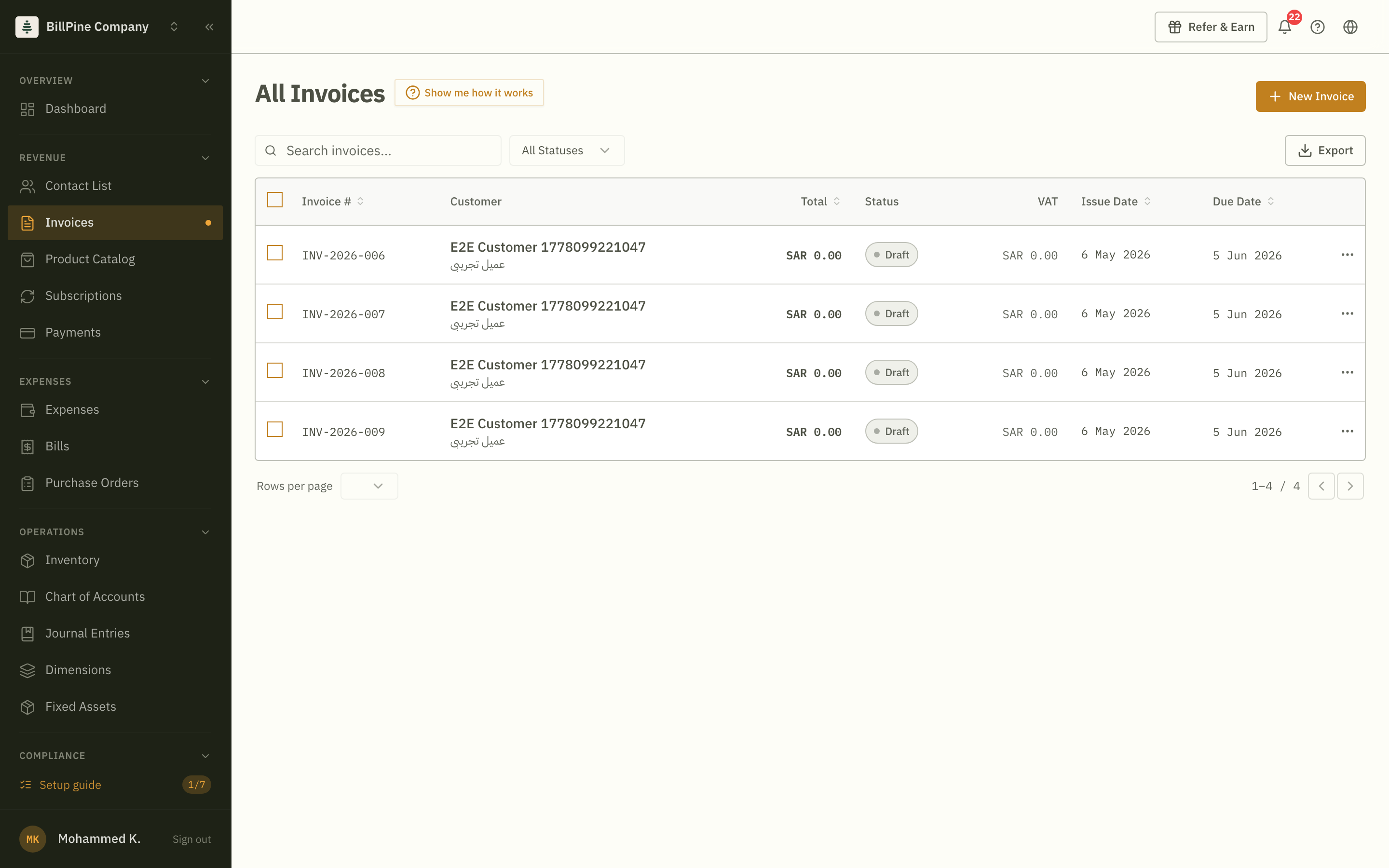 Billpine invoices list